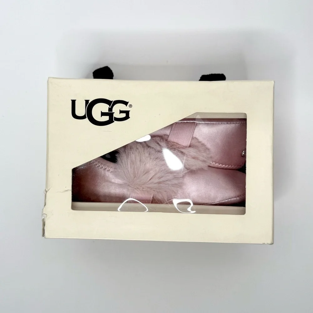 UGG Baby Light Pink Satin Faux Fur Fluff Trim Ballet Flats